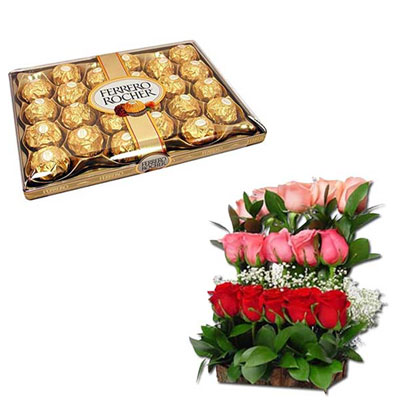 "Ferrero Rocher 24 pieces + 15  mixed flower arrangement - Click here to View more details about this Product